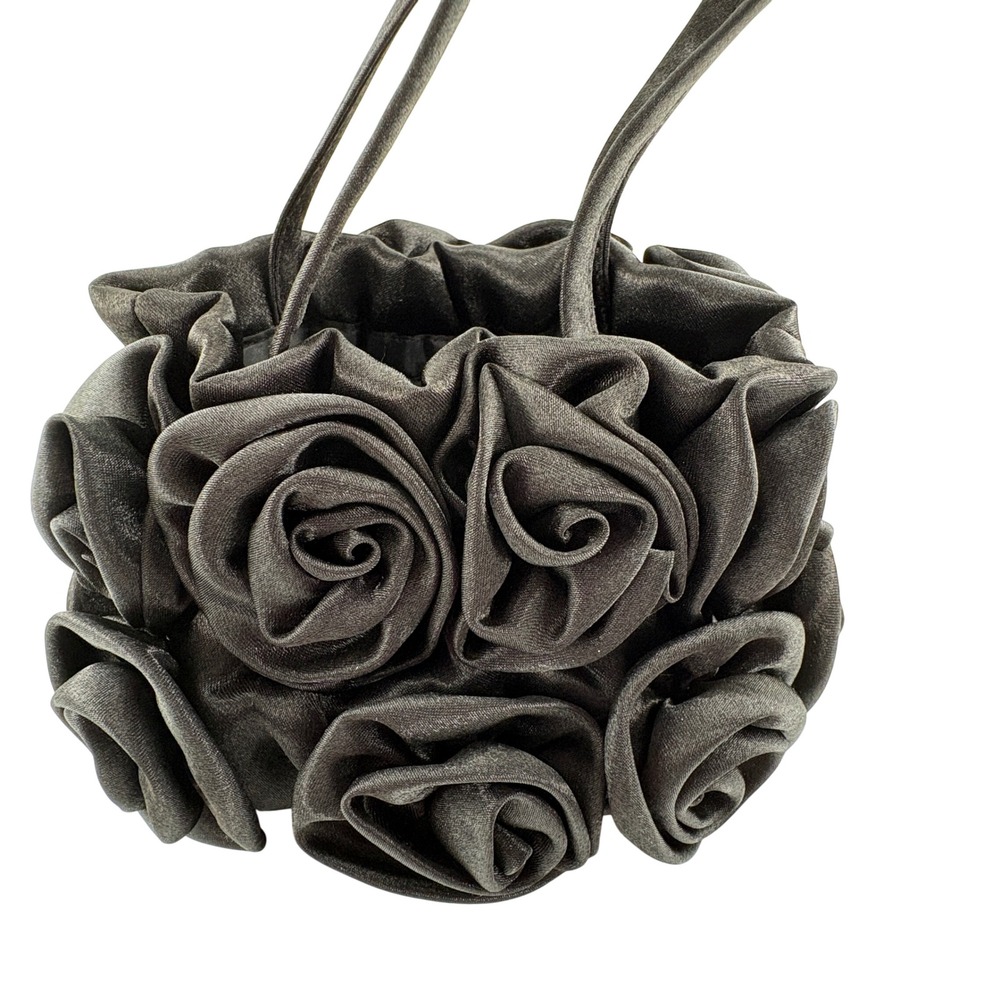 Black Satin 3D Rosette Evening Bag Mini Formal Handbag Top Handle - Picture 2 of 7